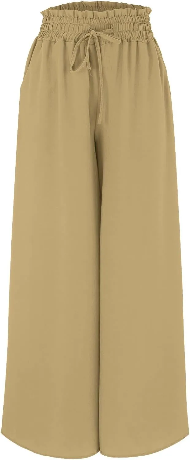 Womens Wide Leg Pants Dressy Comfy Loose Flowy Cotton Linen Pants Summer Casual Beach High Waisted Palazzo Trousers