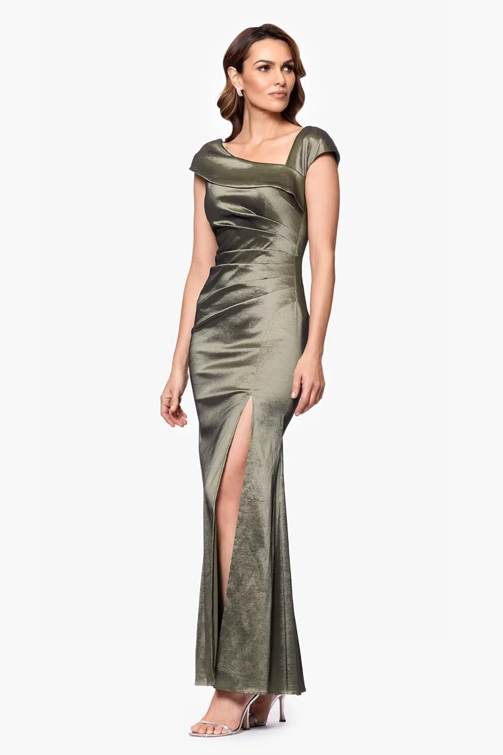 Xscape Women's Sleeveless Asymmetrical Taffeta Neck Gown with Side Slit