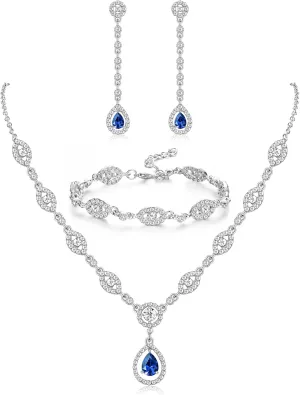 YADOCA Wedding Bridal Jewelry Set For Women Silver Prom Costume Jewelry Sets Rhinestone Crystal Teardrop Necklace Earrings Bracelet Bridesmaid Jewelry Accessories Blue Silver Red Rose Gold