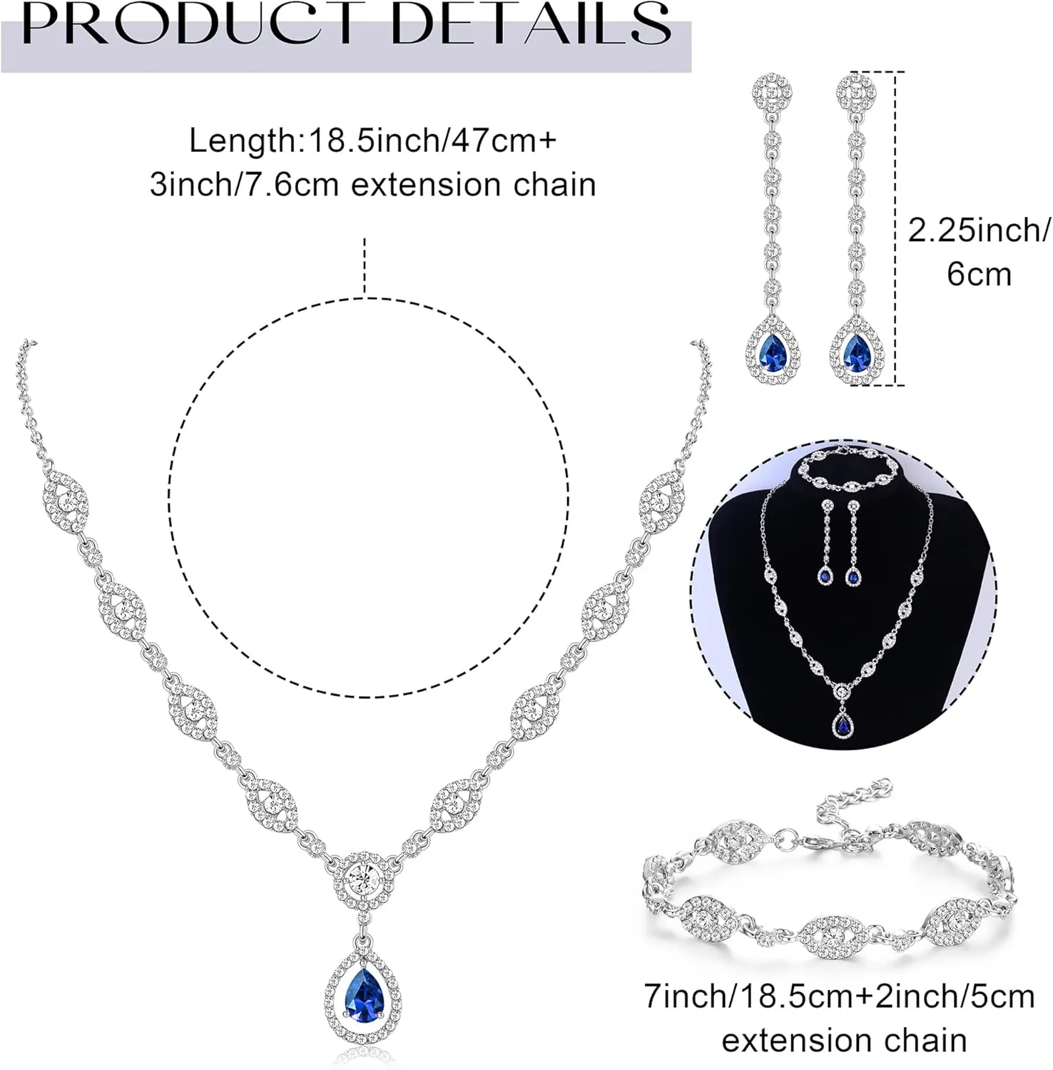 YADOCA Wedding Bridal Jewelry Set For Women Silver Prom Costume Jewelry Sets Rhinestone Crystal Teardrop Necklace Earrings Bracelet Bridesmaid Jewelry Accessories Blue Silver Red Rose Gold
