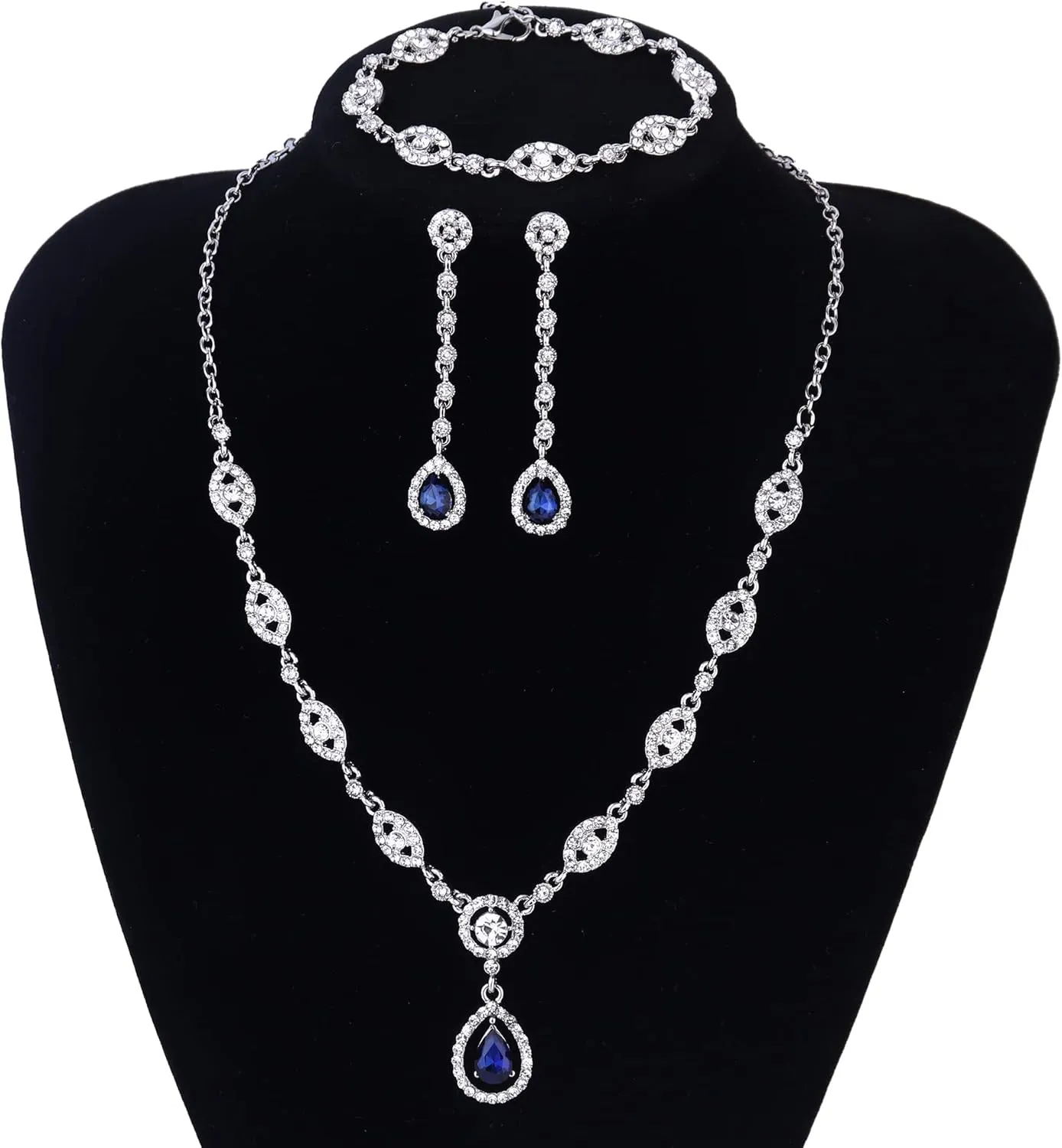 YADOCA Wedding Bridal Jewelry Set For Women Silver Prom Costume Jewelry Sets Rhinestone Crystal Teardrop Necklace Earrings Bracelet Bridesmaid Jewelry Accessories Blue Silver Red Rose Gold