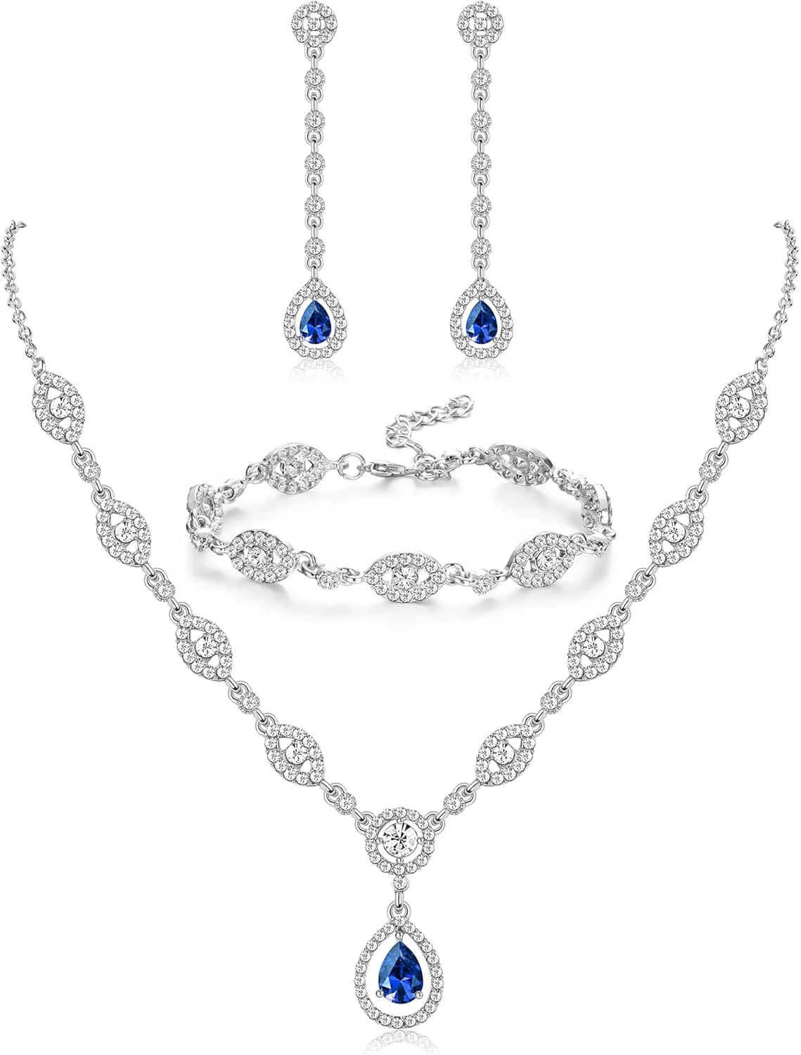 YADOCA Wedding Bridal Jewelry Set For Women Silver Prom Costume Jewelry Sets Rhinestone Crystal Teardrop Necklace Earrings Bracelet Bridesmaid Jewelry Accessories Blue Silver Red Rose Gold