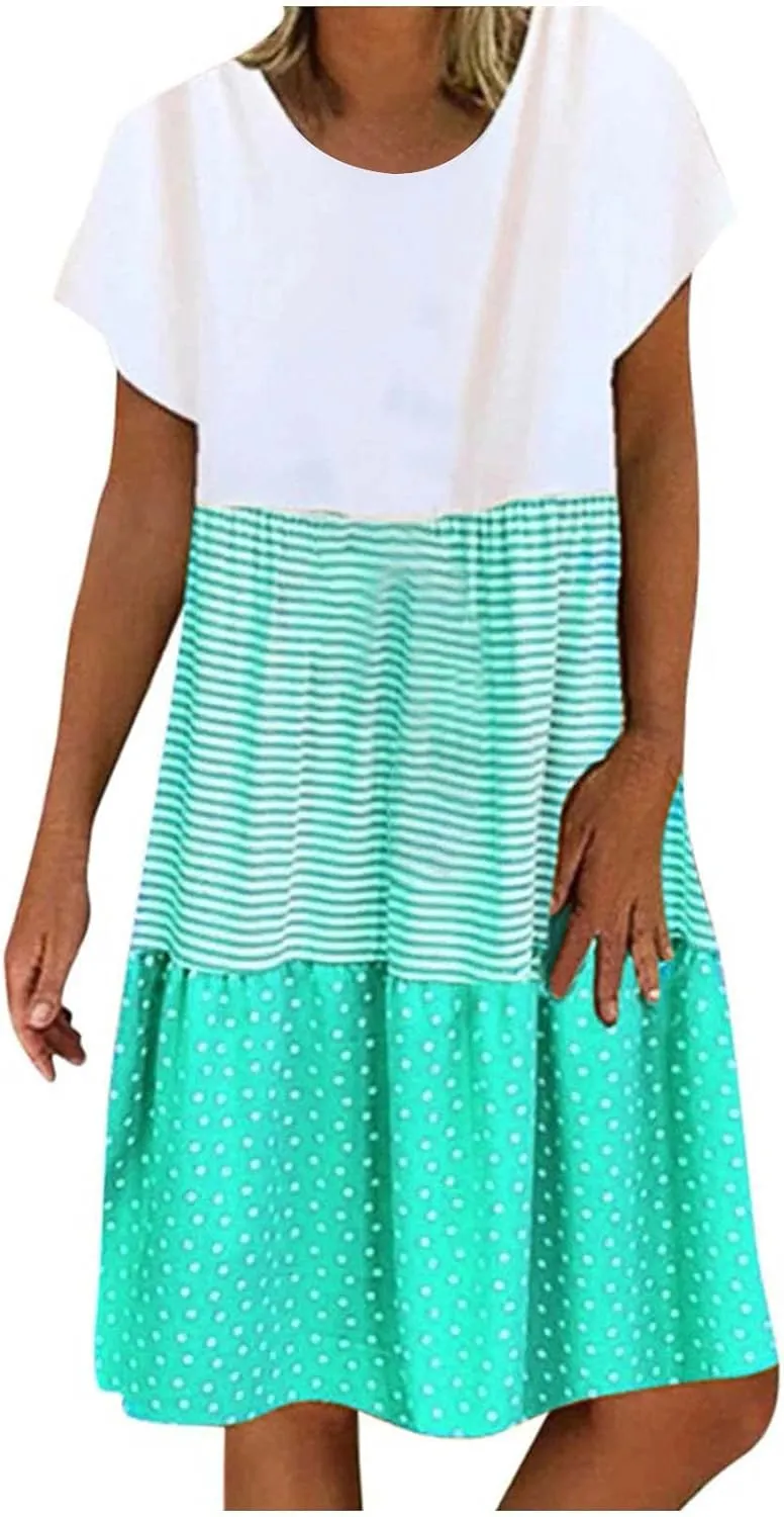 yardsong Casual Summer Dresses for Women Plus Size Short Sleeve Tshirt Dress Striped Polka Dot Patchwork Flowy Midi Dresses