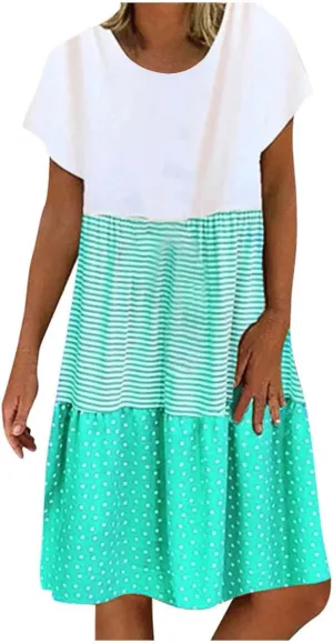 yardsong Casual Summer Dresses for Women Plus Size Short Sleeve Tshirt Dress Striped Polka Dot Patchwork Flowy Midi Dresses