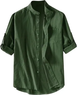 Ymosrh Men's Button Down Shirt Five-Point Mid-Sleeve Shirt Cotton Linen Loose Solid Color Top Tshirts Shirts