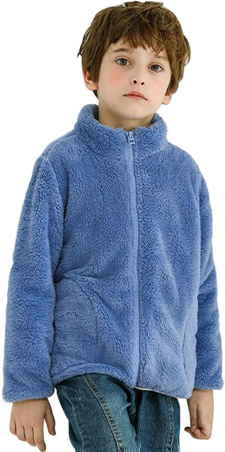 Youth Solid Full-Zip Polar Fleece Jacket for Kids Boy Girl Fuzzy Sherpa Coat Sweatshirt Fall Winter Warm Outwear