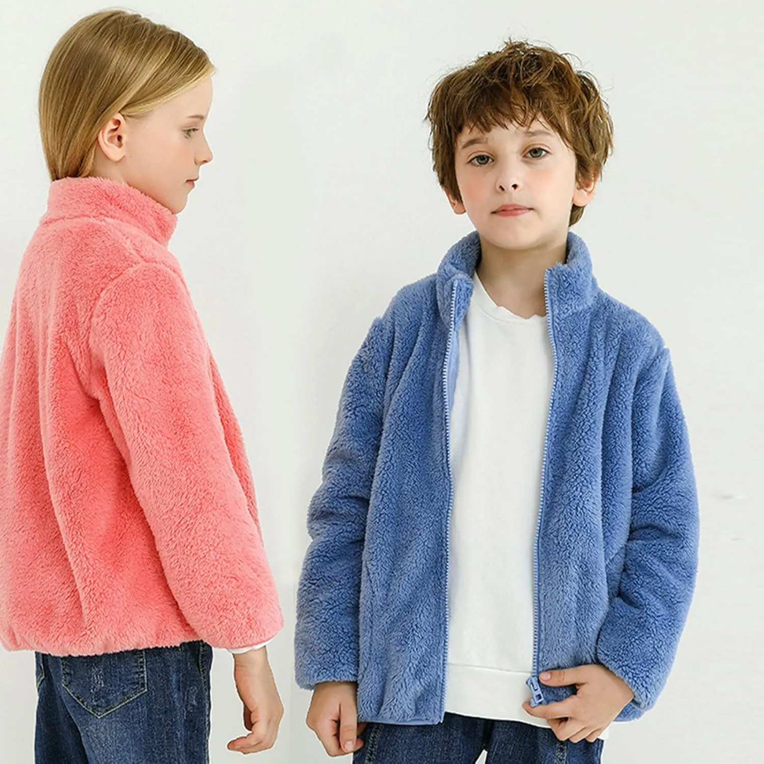 Youth Solid Full-Zip Polar Fleece Jacket for Kids Boy Girl Fuzzy Sherpa Coat Sweatshirt Fall Winter Warm Outwear