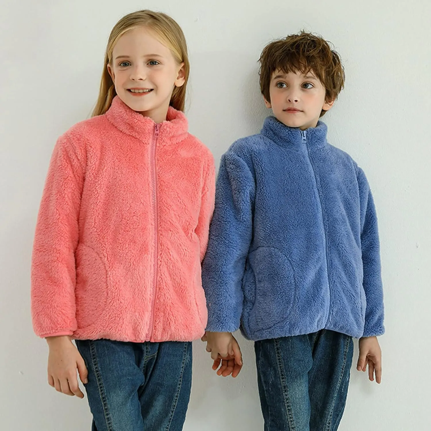 Youth Solid Full-Zip Polar Fleece Jacket for Kids Boy Girl Fuzzy Sherpa Coat Sweatshirt Fall Winter Warm Outwear