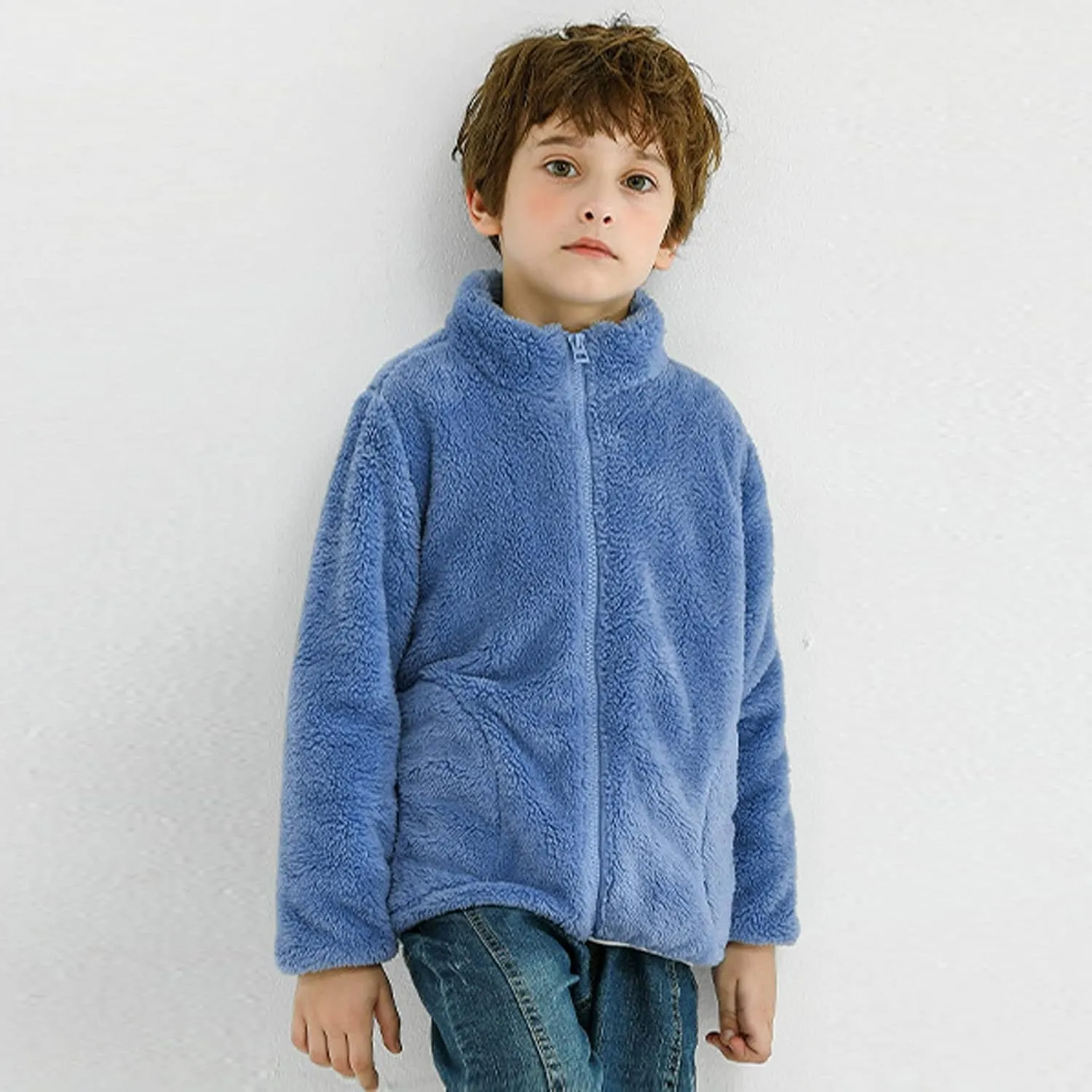 Youth Solid Full-Zip Polar Fleece Jacket for Kids Boy Girl Fuzzy Sherpa Coat Sweatshirt Fall Winter Warm Outwear