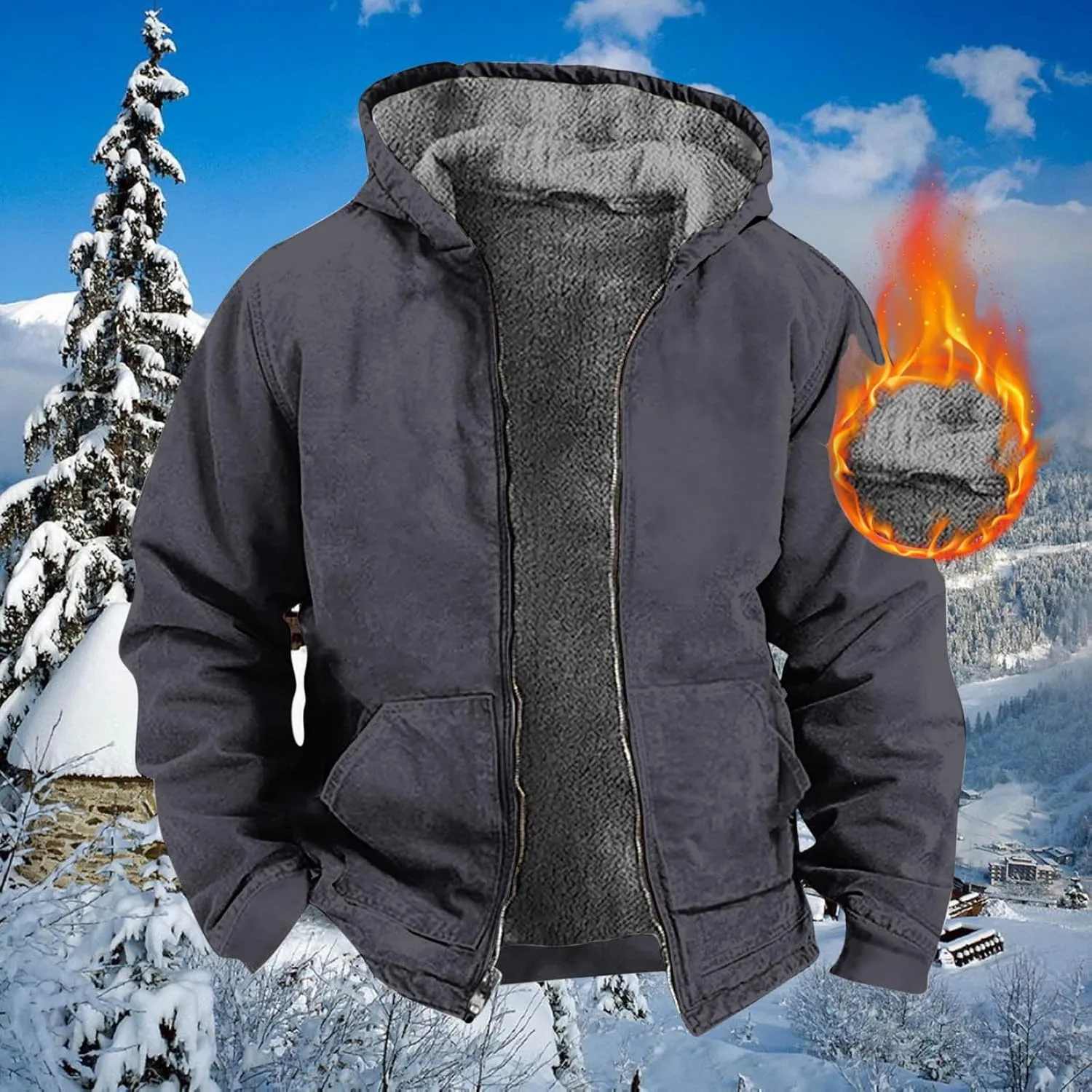 Zeiyignr Hoodies for Men Heavyweight Fleece Sweatshirt - Full Zip Up Thick Sherpa Lined Jackets Warm Winter Coat Windbreaker