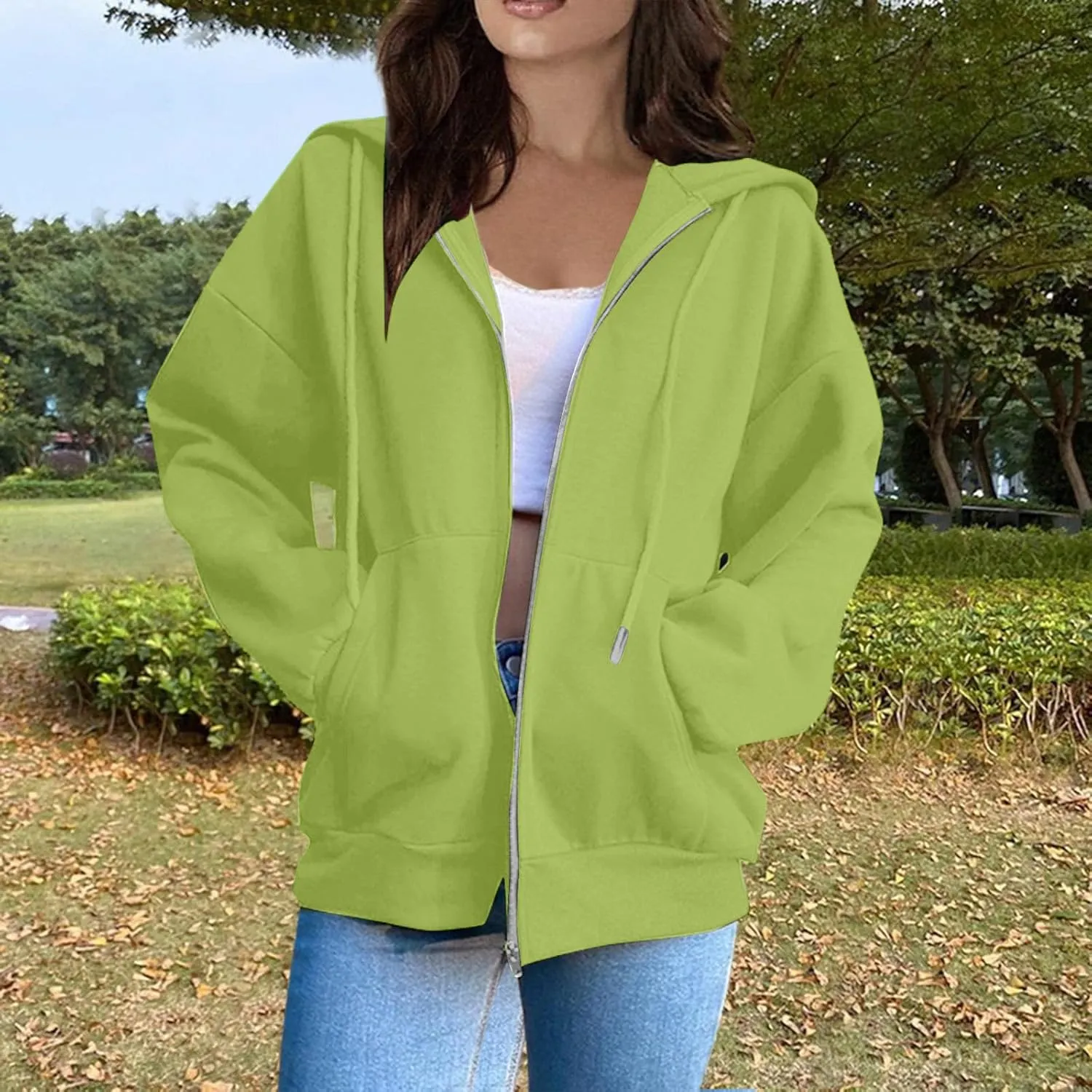 Zip Up Hoodie Women Long Sleeve Oversized Sweatshirts Y2K Jacket Pockets Patchwork Design T-Shirt Hoodie