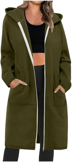 Zip Up Hoodies for Women Oversized Long Sleeve Sweatshirts Casual Fleece Hooded Coat Fall Long Jacket with Pockets